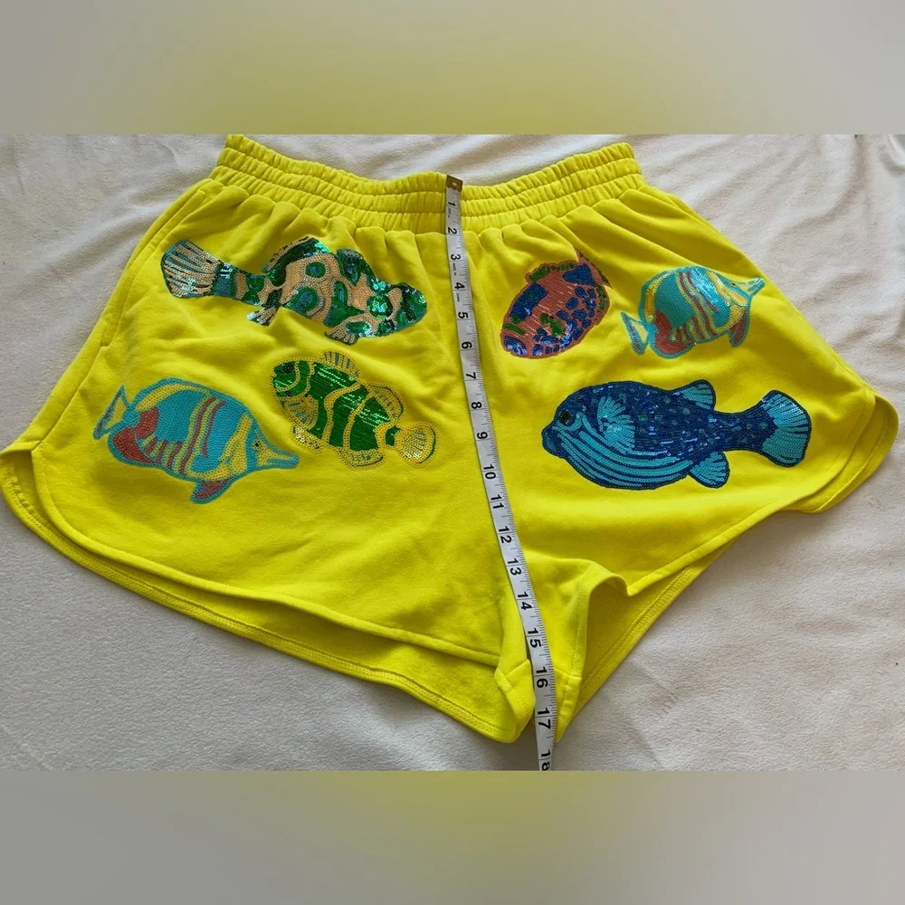 NWT Queen of Sparkles Yellow Fish Sequin Shorts Large Revolve Beach Vacation - Picture 5 of 12